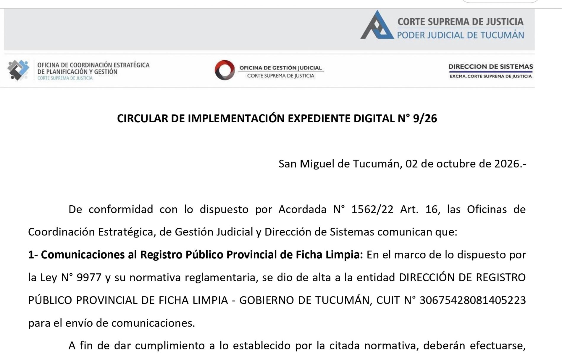 Circular de implementación del Expediente Digital N° 09/26