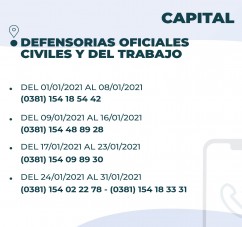 EL MINISTERIO PUPILAR Y DE LA DEFENSA DIO A CONOCER LOS TELEFONOS DE CONTACTO CON LAS DEFENSORIAS OFICIALES DURANTE LA FERIA JUDICIAL